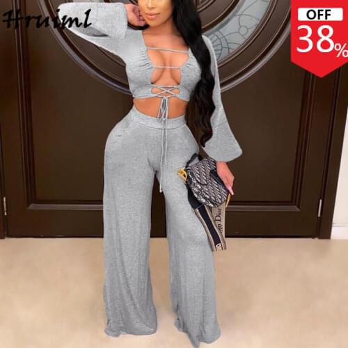 Sexy Two Piece Outfits for Women Sets Fashion Flare Sleeve Hollow Out Strappy Crop Top Wide Leg Pants Set Solid Party Clubwear