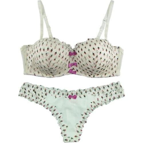 Women Bra And Panties Set White Color Printing Flower Girls Bra Set Have 36B/38B