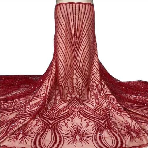 Sequined Lace Fabric 2021 Red Nigeria Mesh Net Tulle Guipure Lace African Women Evening Dress Sequins Fabric Sewing x66-468
