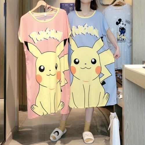 Pokemon Pikachu Print Night Dress Women Nightgown Loose Cute Short Sleeve Sleepshirts Nightdress Lovely Nightie Shirts Women