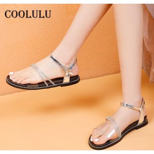 COOLULU Transparent Flat Sandals Women Shoes Crystal Open Toe Beach Sandals Buckle Strap Causal Footwear Female Summer Silver 39