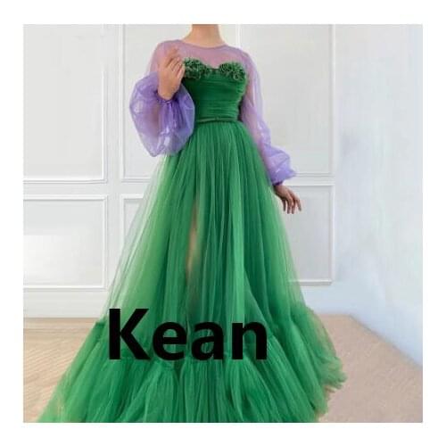 High Slit Evening Dresses Green and Lavender Dubai Arabic Saudi Arabian Prom Dress Custom Boho Prom Gown