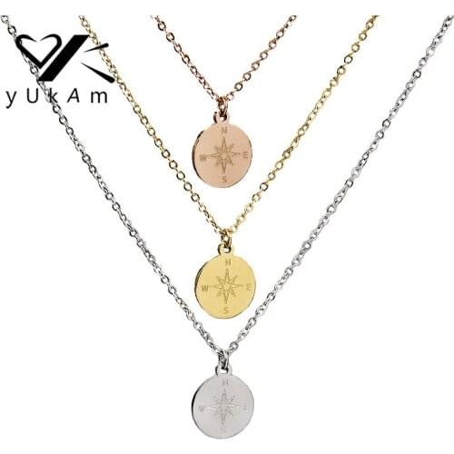 YUKAM High Polished Gold Stainless Steel Compass Circle Charm Pendant Necklaces for Women Vintage Travel Necklaces Jewelry Gifts