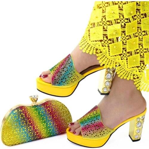 Wonderful Yellow High Heel 9.5CM Women Pumps Match Bag With Rhinestone Decoration African Shoes And Handbag Set CR539
