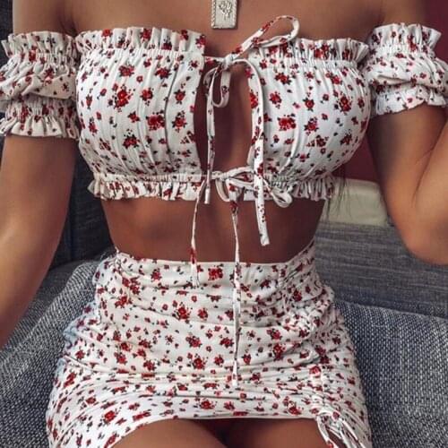 Women Suit Floral Print Tie Front Short Sleeve CropTop +mini Frill Hem Skirt Set Yiciya 2021 New Summer Suits Two Piece Skirt