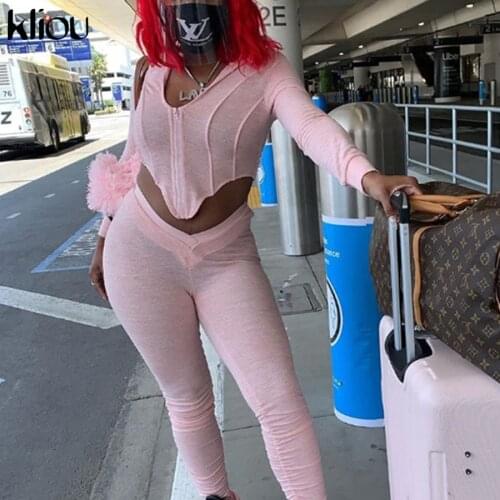 Kliou v-neck tracksuit women zipper crop top asymmetry stacked leggings matching set skinny elastic fitness streetwear outfits
