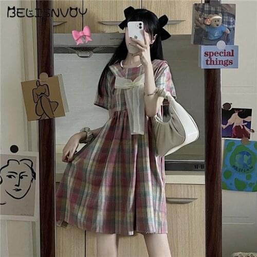Japanese Style Sailor Collar Sweet Girls Dress Mesh Bowknot Short Sleeve High Waist Rainbow Plaid Women Summer Lolita Dresses