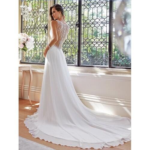 Vestido De Noiva Casamento Formal V Neck See Through Beaded Pleat Long Chiffon Crystal Beach bridal gown 2018 bridesmaid dresses