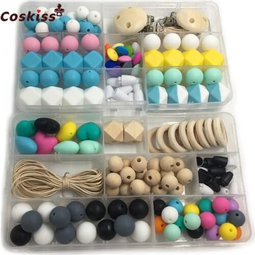 2pcs DIY Baby Teether Accessories Geometry Hexagonal Round Silicone Beads Wooden Beads And Rings Pacifier Clips For Bracelets