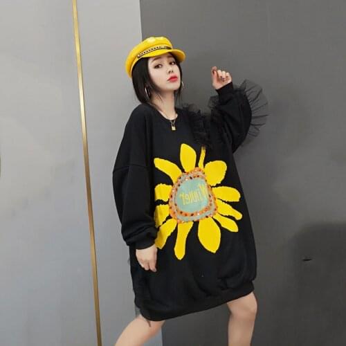2021 Spring Korea Loose Print Beading Sweatshirt Fashion Plus Size Pleated Tassel Autumn Small Fresh Black Casual Sweatshirt