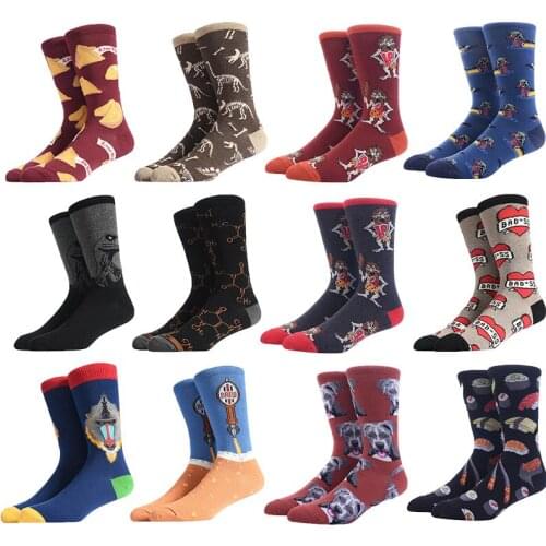 5 Pairs/Lot Colorful Mens Socks Harajuku Colorful Happy Funny Skull Hamburger Dinosaur Causal Cotton Socks for Wedding Gifts