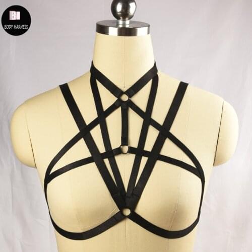 New black body cage harness sexy pastel goth bondage lingerie Harajuku harness bra pole dance Adjustable cage bra body harness