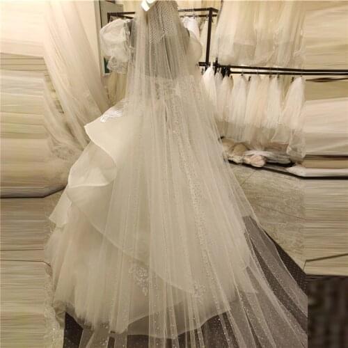 Bling Bling Beaded Pearls Rhinestone Long Bridal Veil Wedding Accessories One Layer Cathedral Long Bride Wedding For Women