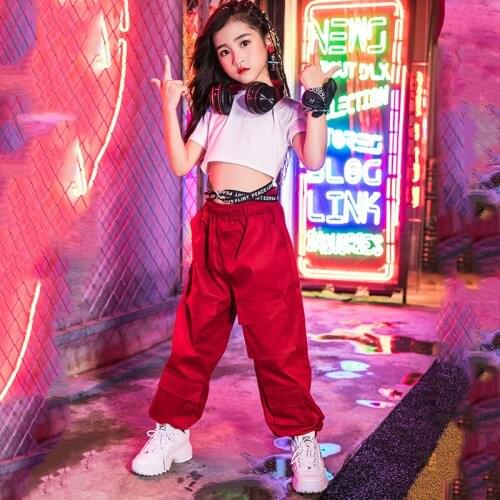 Hip Hop Kids Clothing Girls Red Pants White Crop Tops Ballroom Jazz Street Dance Outfit Hip-Hop Dancing Practice Wear VDB2228