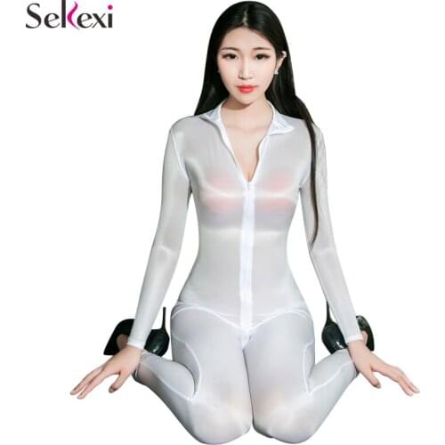 Women High Elastic See Through Jumpsuit Zipper Open Crotch Bodysuit For Sex Erotic Transparent Lingerie Long Tights For Women
