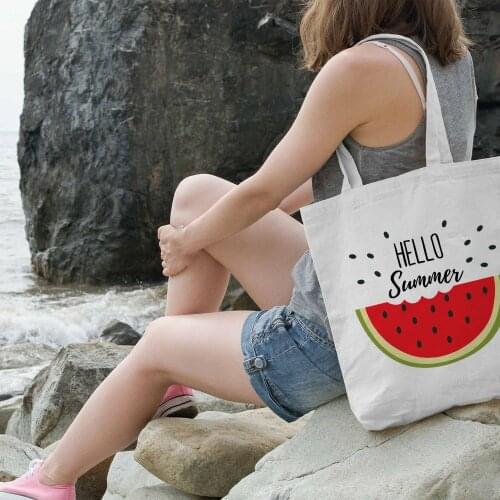 Summer Watermelon Print Eco Tote Travel Bag Lady Handbag Reusable Large Capacity New Womens Casual Canvas Shopping Bag Hello