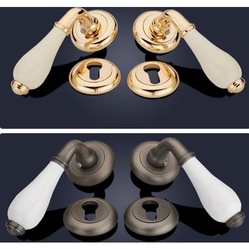 European simple wooden door Bronze interior Ceramic Handles Lock bedroom Mute Indoor bright gold split-type Lock with keys 72 mm