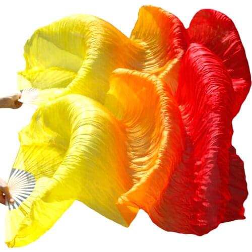 Gradient Color 100% Natural Silk Bamboo Ribs Handmade Fans Long Fan Veil For Belly Dancing Accessories Yellow+Orange+Red 3 color