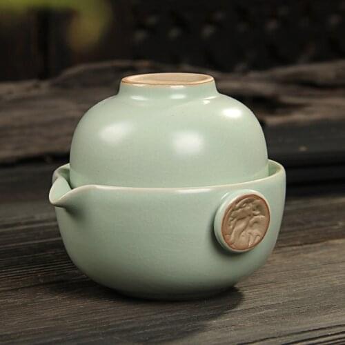 [GRANDNESS] Xiang Long * Ru Kiln Celadon Kung Fu Tea Cup & Teapot Set ,Ruyao Tea Set Include 1 Pot 1 Cup Travel Tea Set