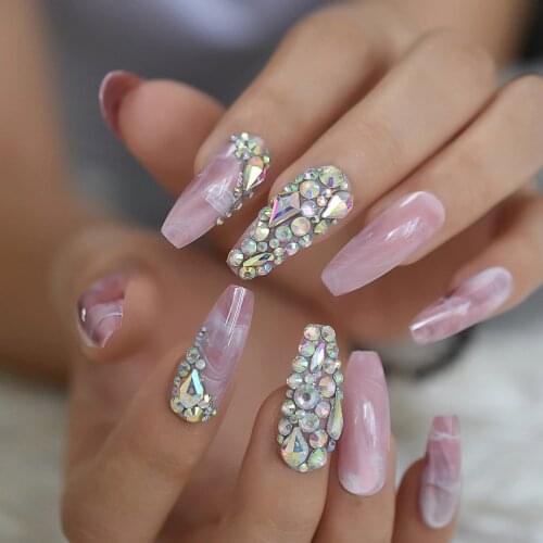 Customized Coffin Long Nail Full Gorgeous Pink Marble Smooth Fake Nails Rhinestone Beautiful Ballerina Nails With Glue