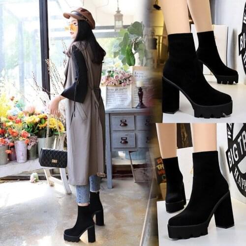 Korean fashion womenS boots thick heel super high heel thick bottom waterproof platform suede trim slim boots