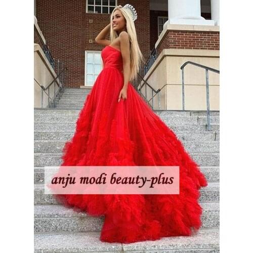 Red Puffy Strapless Prom Dresses Sleeveless Ball Gown Tiered Tulle Formal Evening Party Gowns Robe De Soiree