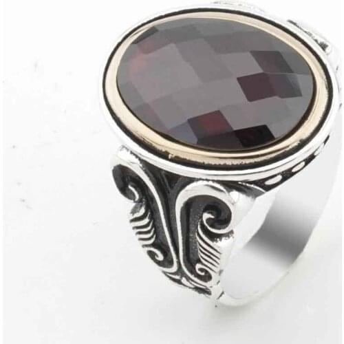 Red Zircon Stone Pattern Silver Men 'S Ring