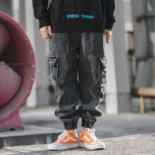 Fashion Men Jeans Black Gray Vintage Japanese Style Designer Joggers Pants Big Pocket Cargo Pants Streetwear Hip Hop Jeans Men