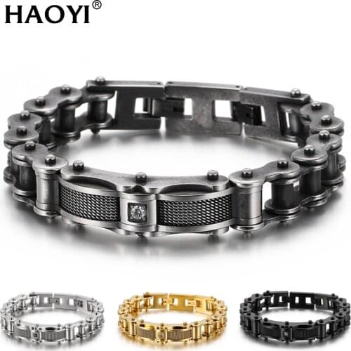 12mm Biker Jewelry Worn Look Mens Biker Chain Bracelet Motorcycle Bicycle Wear Vintage Black Stainless Steel CZ Mens Bracelets