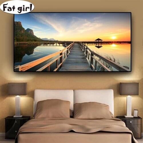 HD full square round drill set diamond painting Sunset wooden bridge lake scenery 5d diamond mosaic embroidery sunset landscape