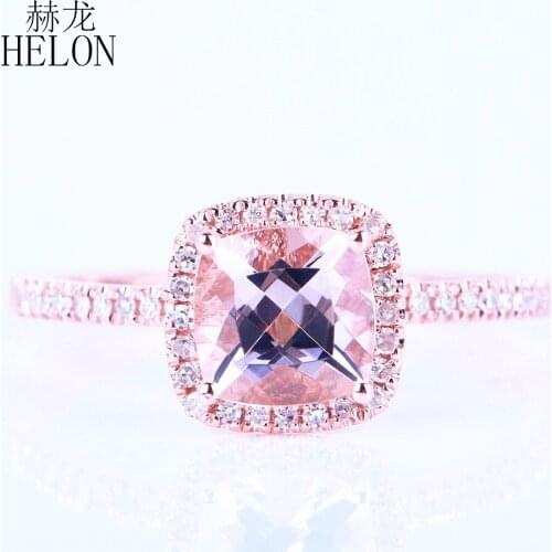 HELON Solid 18k Rose Gold Cushion 6mm Natural Morganite Diamonds Engagement Wedding Ring Women Trendy Fine Jewelry Diamond Ring
