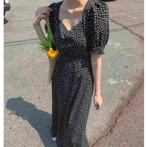 OnlyUU Ladies Dress French Retro Daisy Little Black Dress Slim Printed Lantern Sleeve Dress