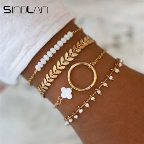 Sindlan 4PCs Vintage Clover White Rhinestone Beads Couple Bracelets for Women Gold Geometric Charm Set Boho Bangles Y2k Jewelry