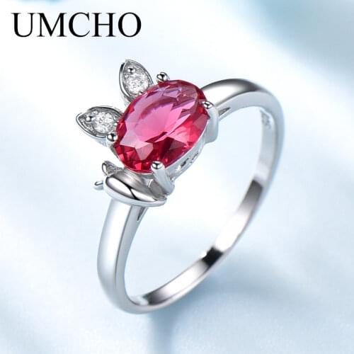 UMCHO Genuine 925 Sterling Silver Rings Bands Created Nano Ruby Cute Rings For Girls Romantic Birthday Gift Fine Jewelry