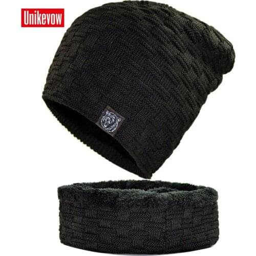 UNIKEVOW (Hat&scarf 1set) New Autumn Winter knitted hat scarf set for men and women Cap and neckerchief sets with weaving logo
