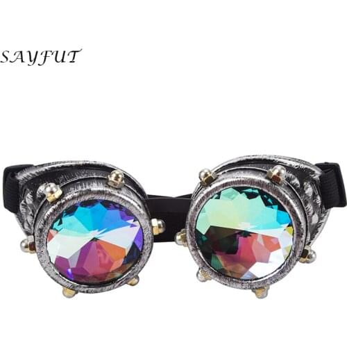 SAYFUT Steampunk Goggles Glasses Welding Punk Gothic Screw Nut Decoration Kaleidoscope Rainbow Crystal Lenses Vintage Goggles