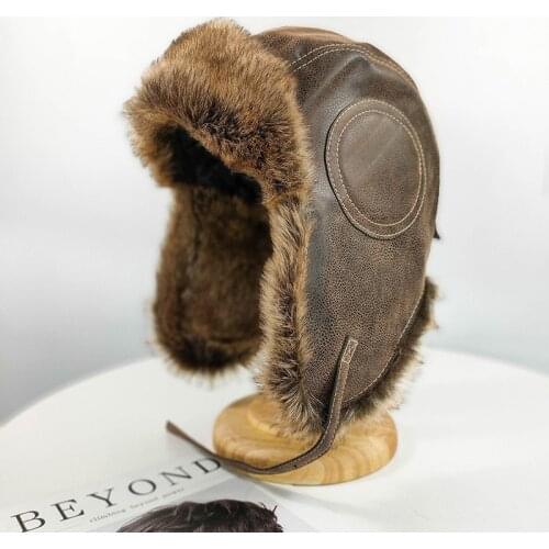 Vintage Suede Bomber Hats Winter Russian Ushanka Hat Faux Fur Trapper Hat Pilot Earflap Snow Ski Caps