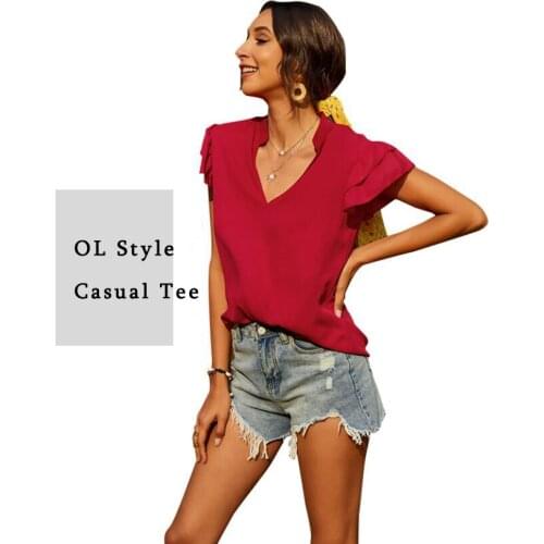 Womens T-Shirt Casual Short Ruffle Sleeve Blouses Loose Tops V Neck Office Lady Summer Tee Female T-shirts