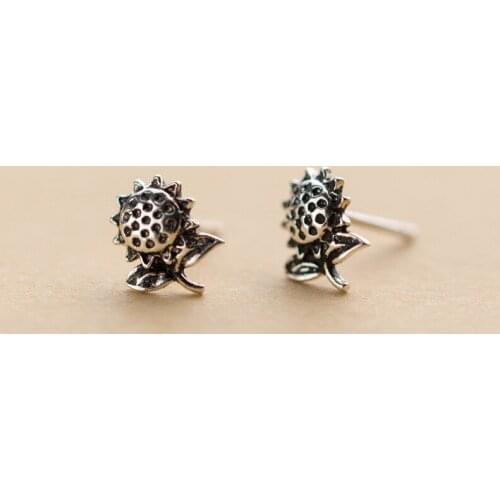 MloveAcc Vintage Sunflower Earrings Antique Finish Small Stud Earrings for Women 925 Sterling Silver Jewelry