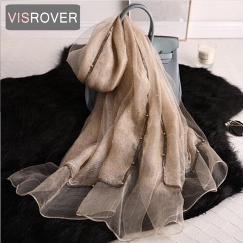 VISROVER new summer women silk scarf with pearls fashion Woman lurex hijab Beach cover-ups wraps bandana silk scarves wholesales