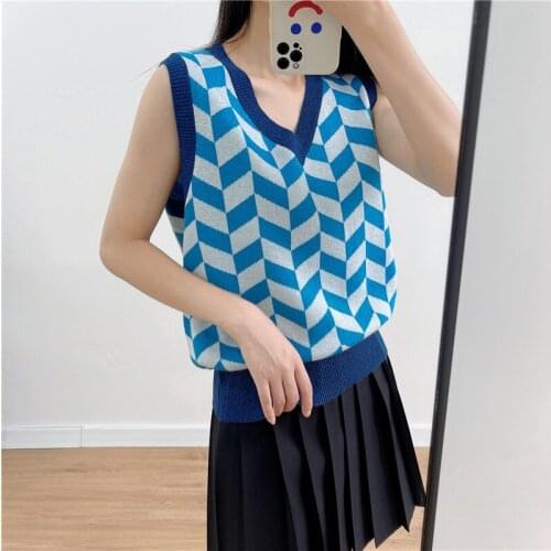 Runway Vesr Sweater Women Tank Top 2021 Early Autumn Sweater Vests Hit Color Rhombus Knit Tank and Sweater Sleeveless Pullover