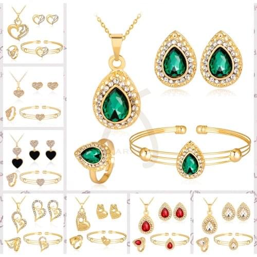 Sweet Love Heart Hollow Rhinestones Pendant Necklace Earrings Ring Bracelet Bridal Women Girls Child Fashion Jewelry Sets