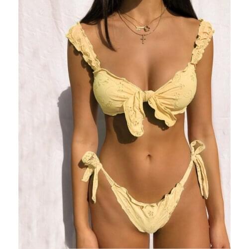 Women Sexy Ruffle Solid Color Bikini Swimwear Low Waist Bow Bandage Bikini Set Summer Push Up Lovely Beach Swimsuit Biquini Suit