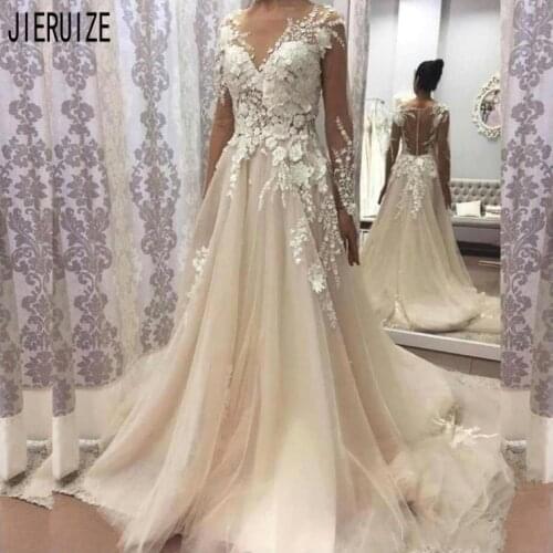 JIERUIZE Ivory Boho Tulle Wedding Dresses Scoop Neck Illusion Long Sleeves 3D Floral Appliques Bridal Gowns Vestido de novia