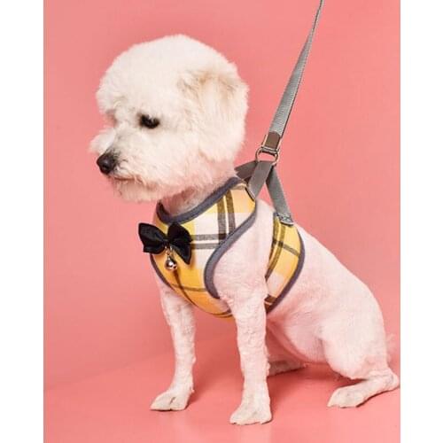 New Dog Vest Breathable Pet Dog Plaid Vest With Traction Rope Small Dog Clothes With Bow Tie Soft Dog Vest Harness Leashes Rope