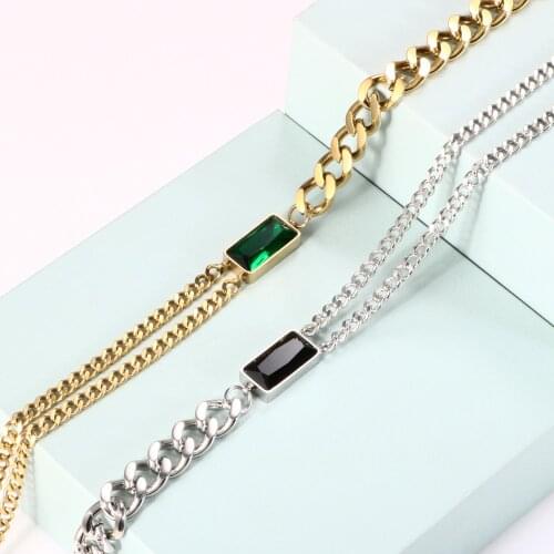 ZMFashion Luxury Black/Green Square Stone Necklace For Women Men Stainless Steel Double Layer Chains Charm Womens Couple Party
