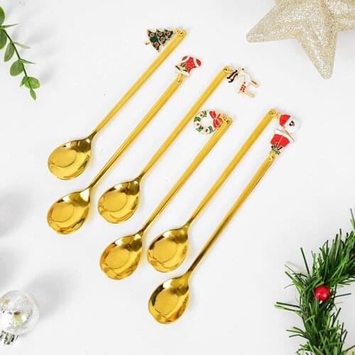 1pc Christmas Gold Plated Stainless Steel Spoon Christmas Theme Party Coffee Dessert Spoon Holiday Decoration New Year Kids Gift