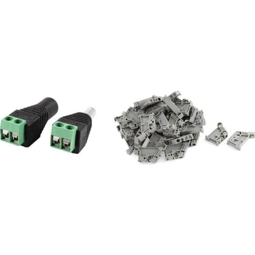 2Pcs Plug Male and Female 5.5 X 2.1 mm DC Jack & 50Pcs 35mm DIN Rail Terminal Block End Stopper Mounting Clips