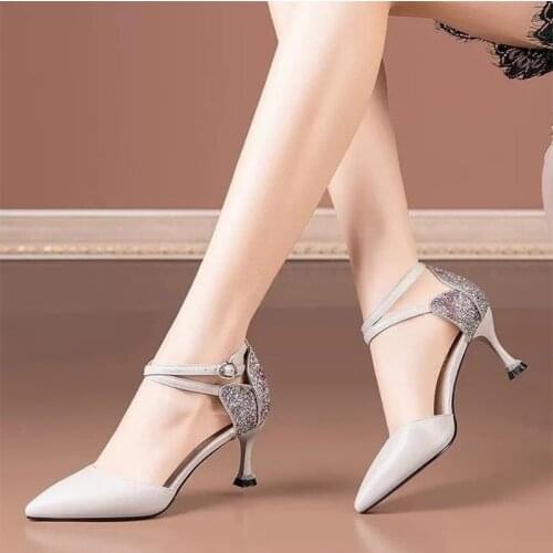 2021 Summer Women Sandals Cross-tied High Heels Dress Shoes Ladies Pointed Toe Pumps Back Bling Thin Heels Sandalias Mujer 9168G