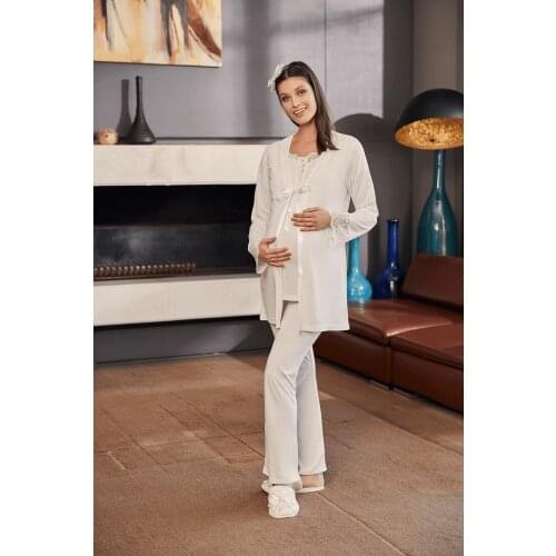 5002 female Ecru Sabahlıklı Puerperal Sleepwear Set